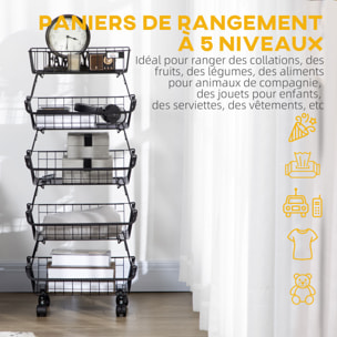 Corbeille à fruits 5 niveaux - desserte de cuisine à roulettes - paniers empilables amovibles - acier noir