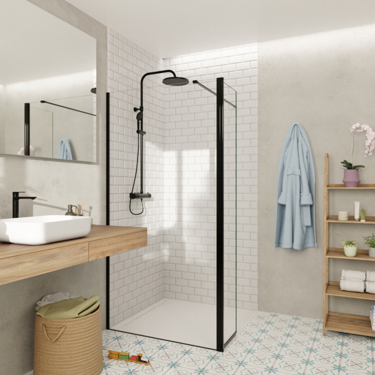 Walk-in 100x200cm Paroi et retour pivotant en verre Crystal Glass® 8 mm anticalcaire , avec bras et profilés noir mat