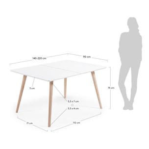 Kave Home - Tavolo da pranzo allungabile Eunice 140(220) x 100 cm bianco con gambe in legno