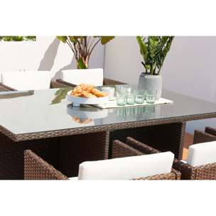 Table et chaises 8 places encastrables résine marron-blanc REGINA