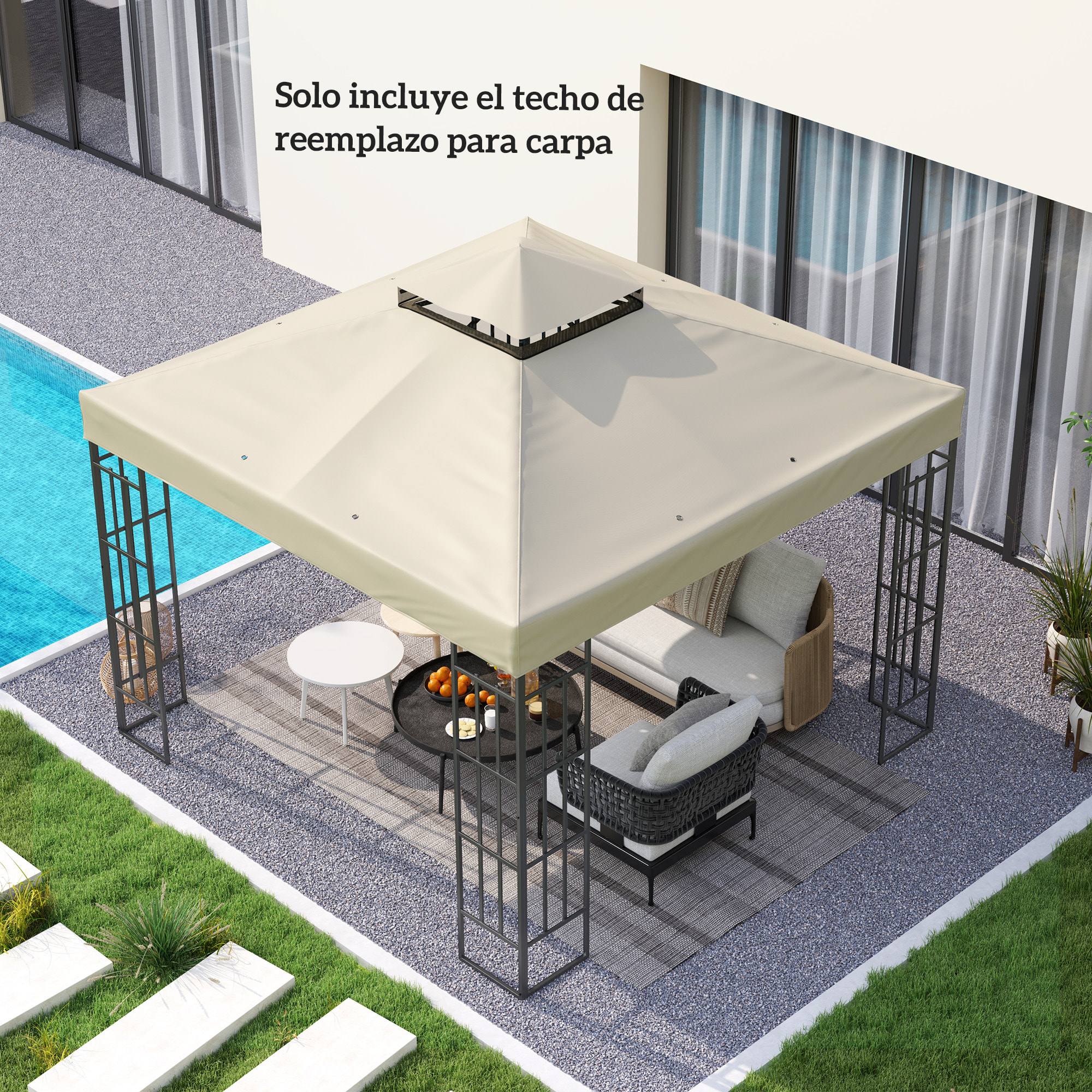 Techo de Repuesto para Cenador 3x3 m Cubierta de Repuesto 370g/ãŽ¡ con Techo Doble con Mosquitera Protección UV 30+ Toldo de Recambio para Pabellón Gazebo Crema