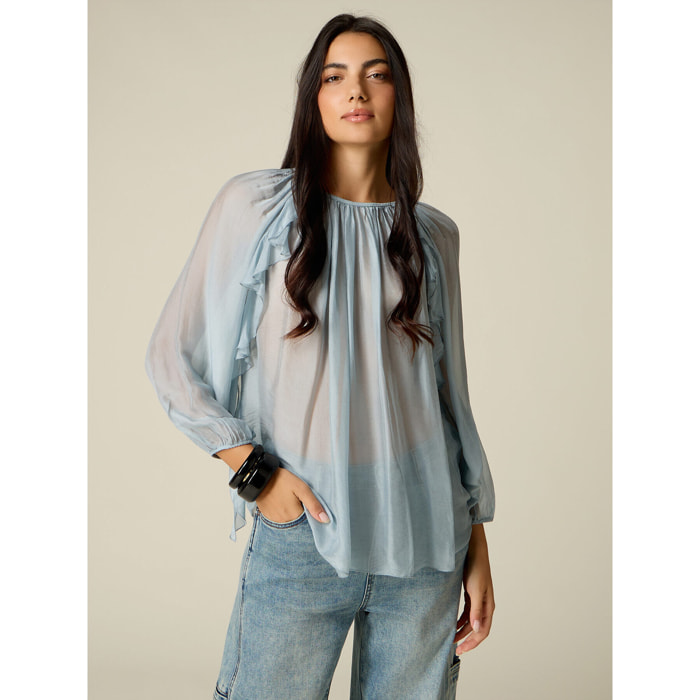 Oltre - Blusa in voile misto seta con volant - Azzurro