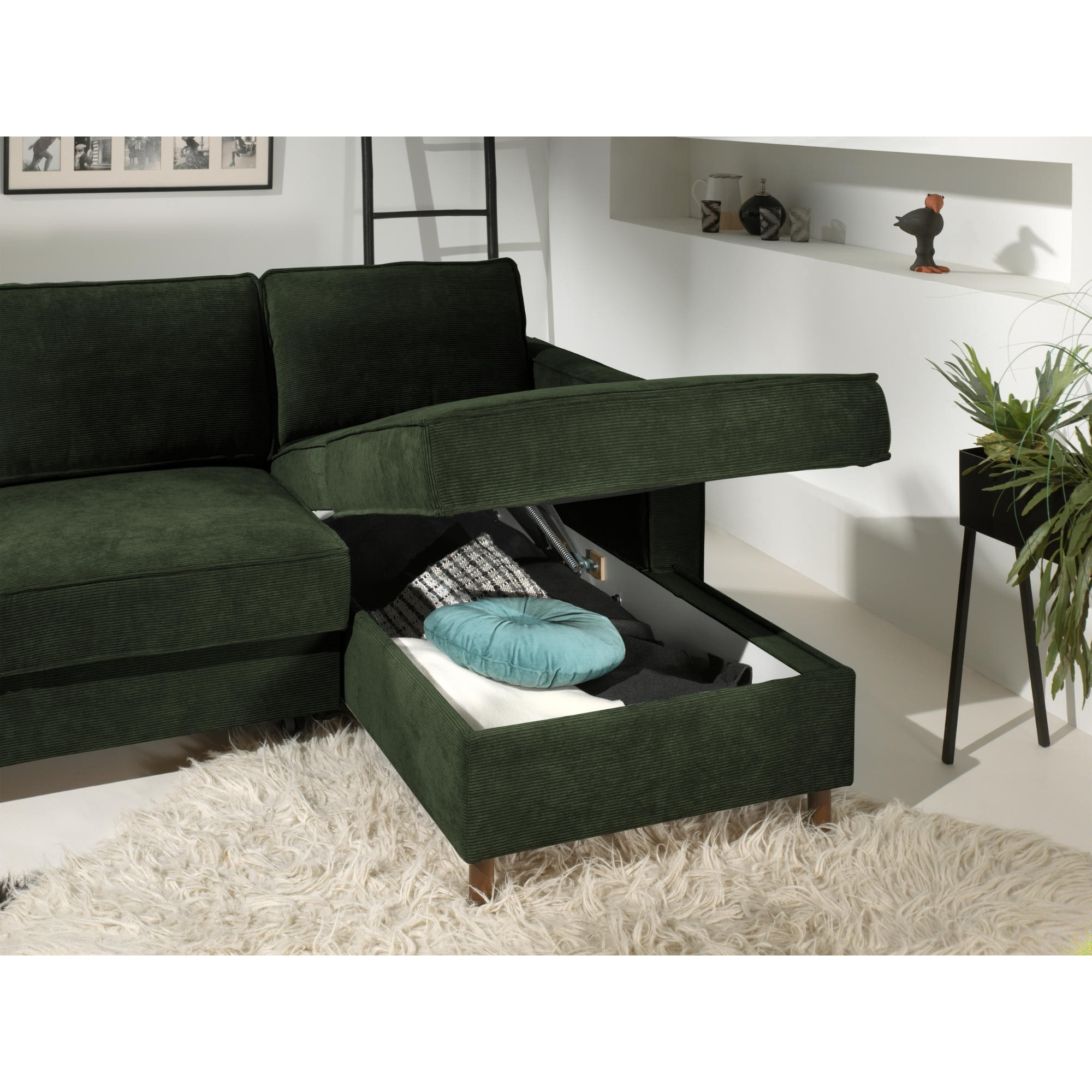 Jake - canapé d'angle droit - convertible avec coffre - 4 places - en velours côtelé - Vert