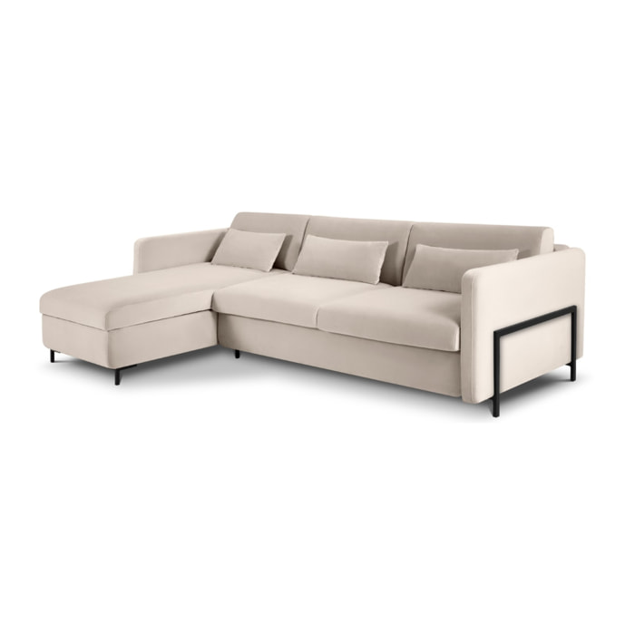 Canapé d'angle gauche convertible "Yanis" 5 places en velours beige