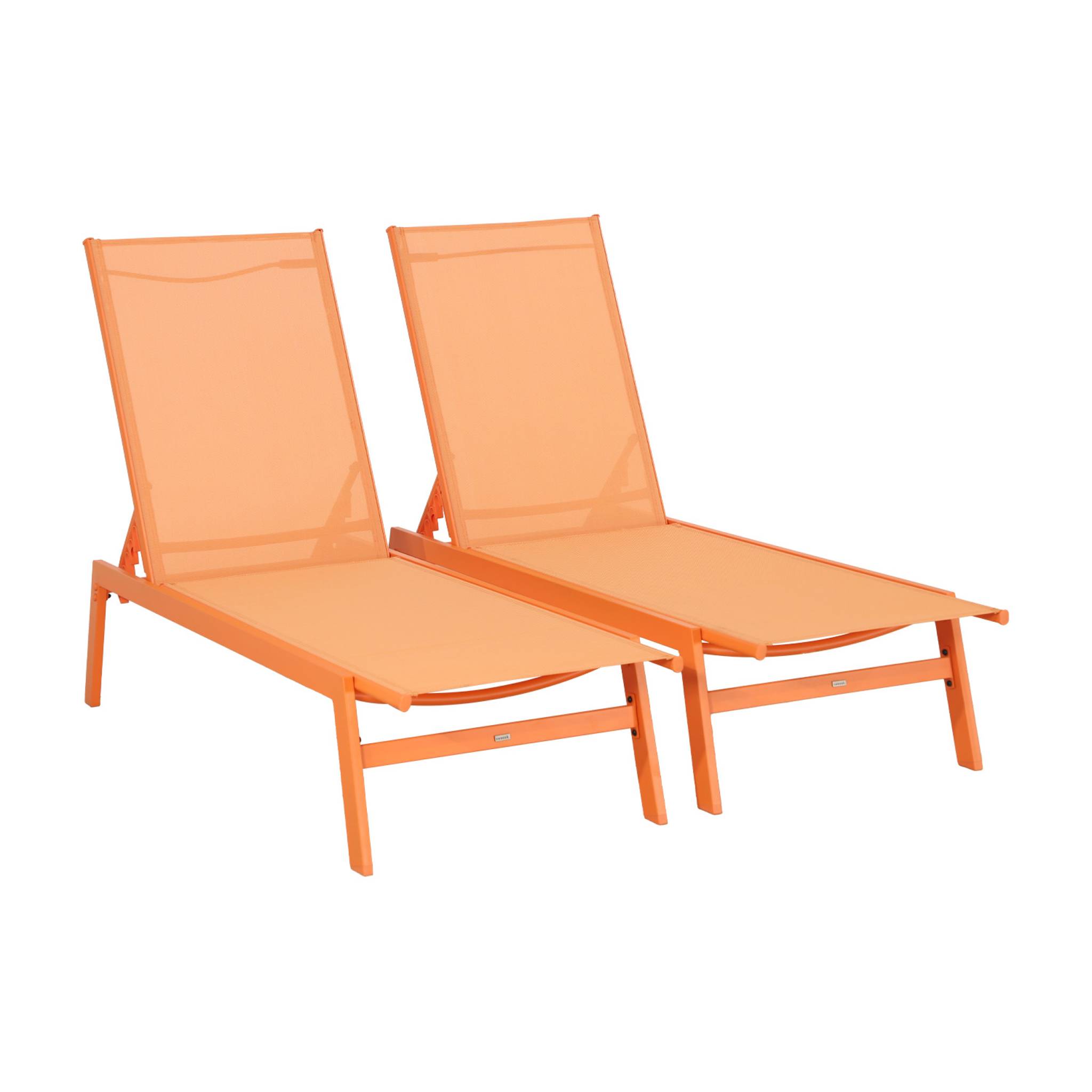 Lot de 2 transats. 5 positions. en textilène orange et métal L155 x P59 x H106cm