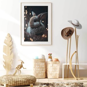 Affiche enfant lapin dans le nid  Affiche + cadre en bois - Chêne