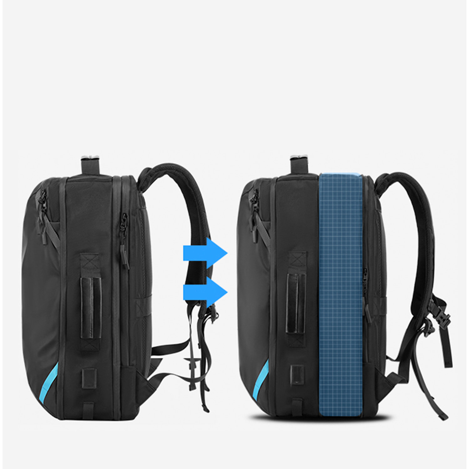 Mochila expandible 30L/45L multi compartimento con capa impermeable. Toma exterior USB. Laptop 17" + Tablet 9,7".
