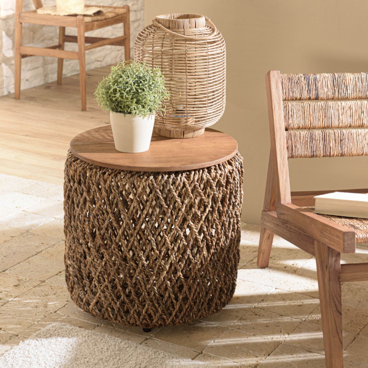 SIXTINE - Table d'appoint ronde 50x50cm en tissage de fibre de cocotier