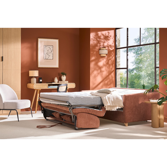 Canapé convertible 3 places en tissu effet velours terre brûlée et bois clair avec matelas 18 cm SKANDY