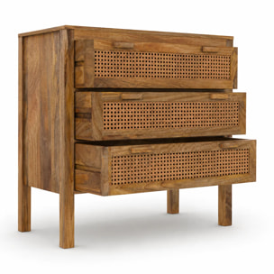 Commode en bois de manguier et cannage 3 tiroirs - Tiki
