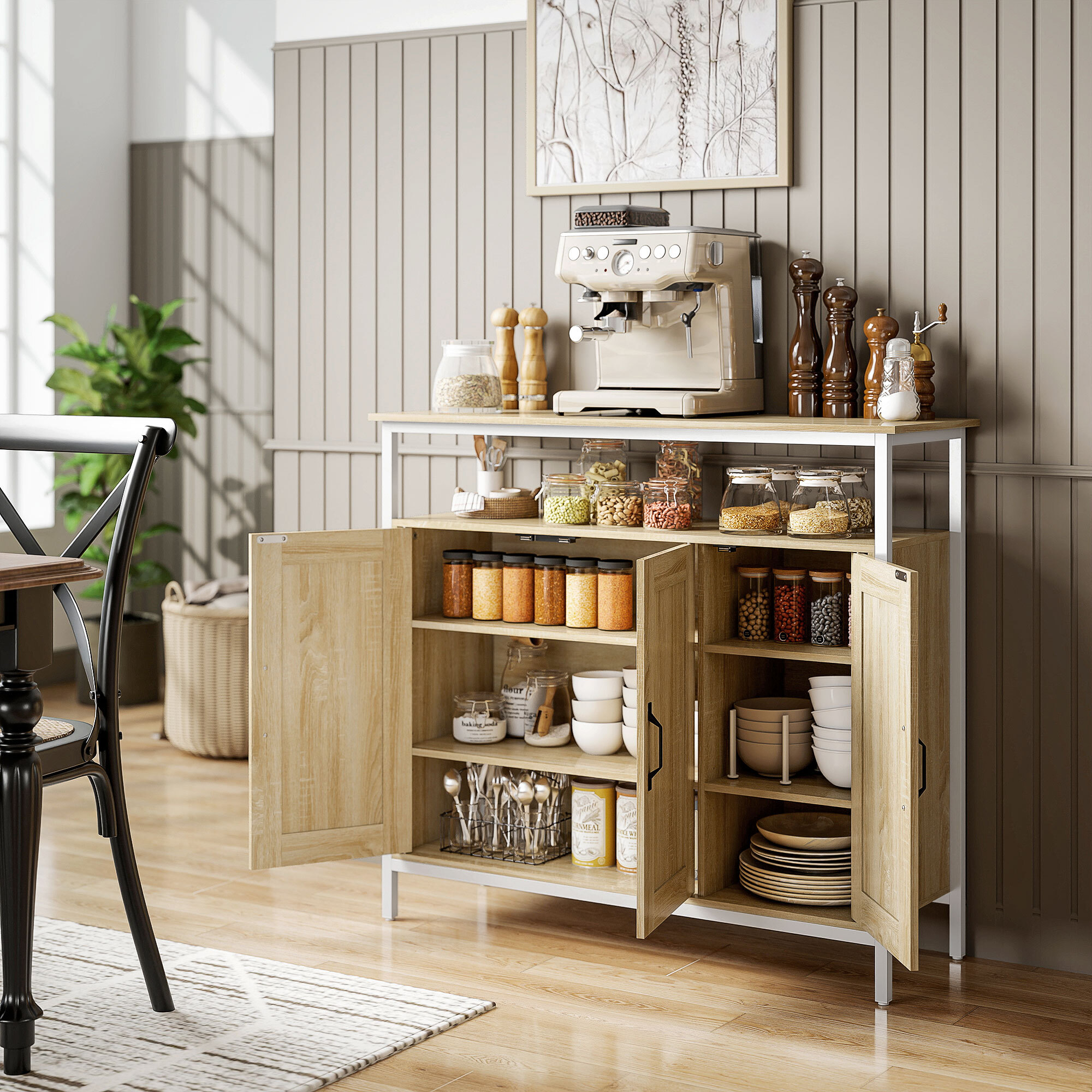 Buffet 3 portes 4 étagères grande niche dim. 100x35x88cm métal blanc effet chêne clair