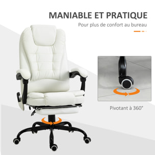 Vinsetto Fauteuil de bureau direction massant hauteur réglable dossier inclinable repose-pied + coussin lombaires intégrés revêtement synthétique blanc