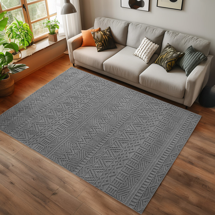 HELIX - Tapis moderne effet laine bouclé à motif berbère en relief gris