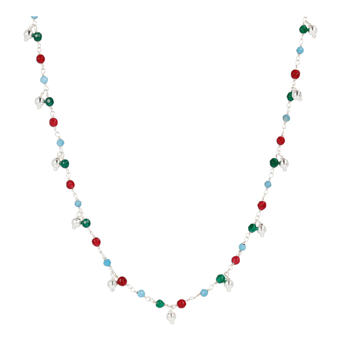 Collana Lunga Rosario con Howlite e Agata Multicolore e Ciondoli Argentati