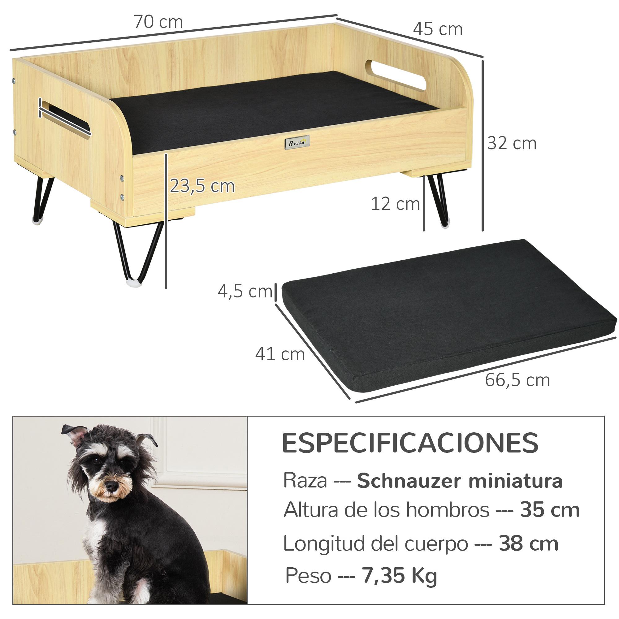 Cama de Madera para Perros Gatos Cama Cesta para Mascotas Pequeñas con Cojín Acolchado Asas y Patas de Acero 70x45x32 cm Roble y Negro