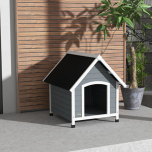 Caseta para Perros 75x88x82 cm Casa para Perros Medianos con Techo de Tejas de Imitación Base Elevada y Suelo Desmontable para Exterior Gris