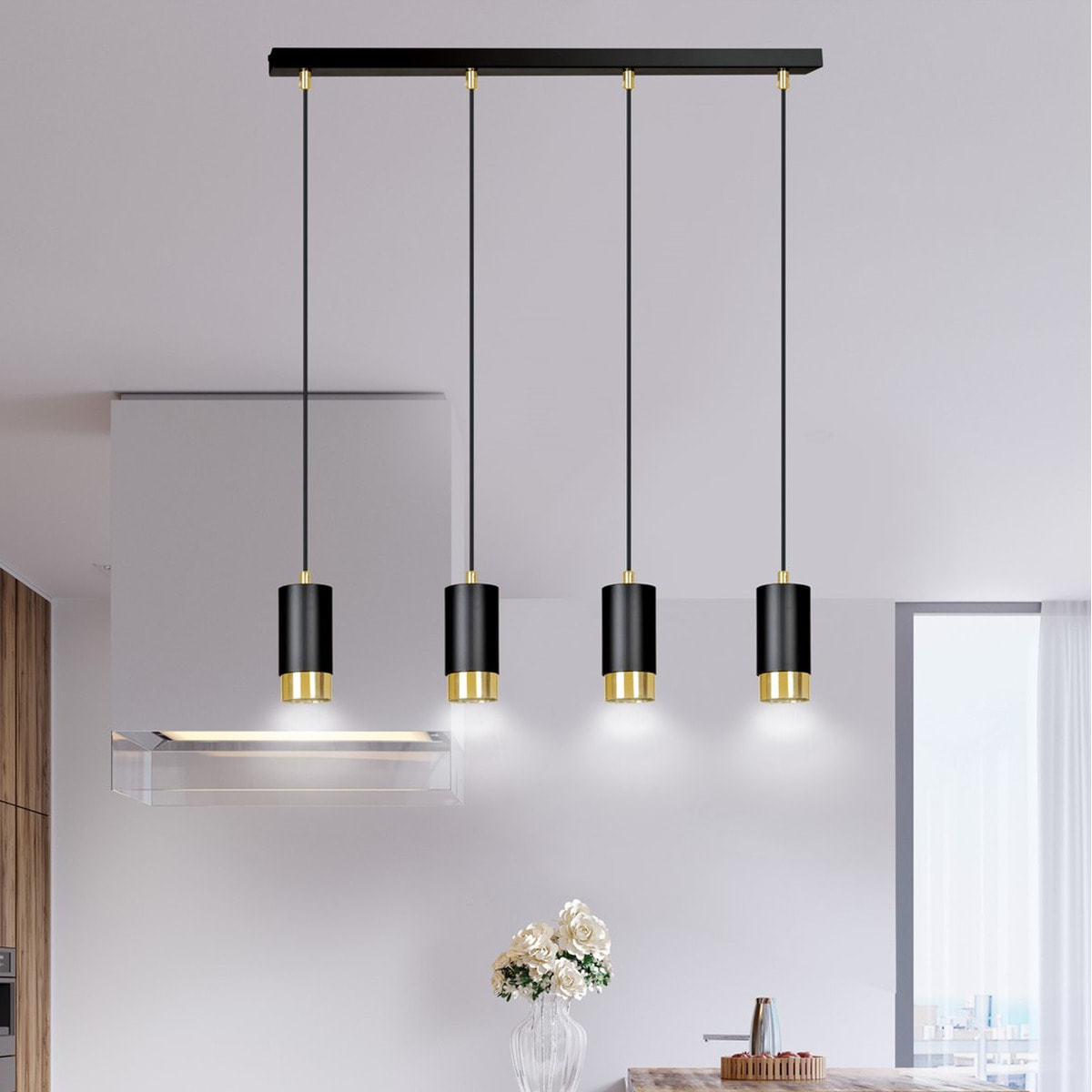 Lampada a sospensione Fumiko in acciaio nero e oro
