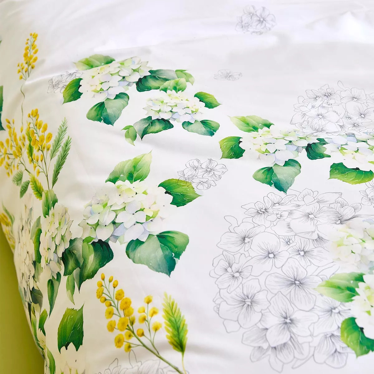 Lot h.couette +taies percale de coton imprimé blanc jaune Annabelle mimosa