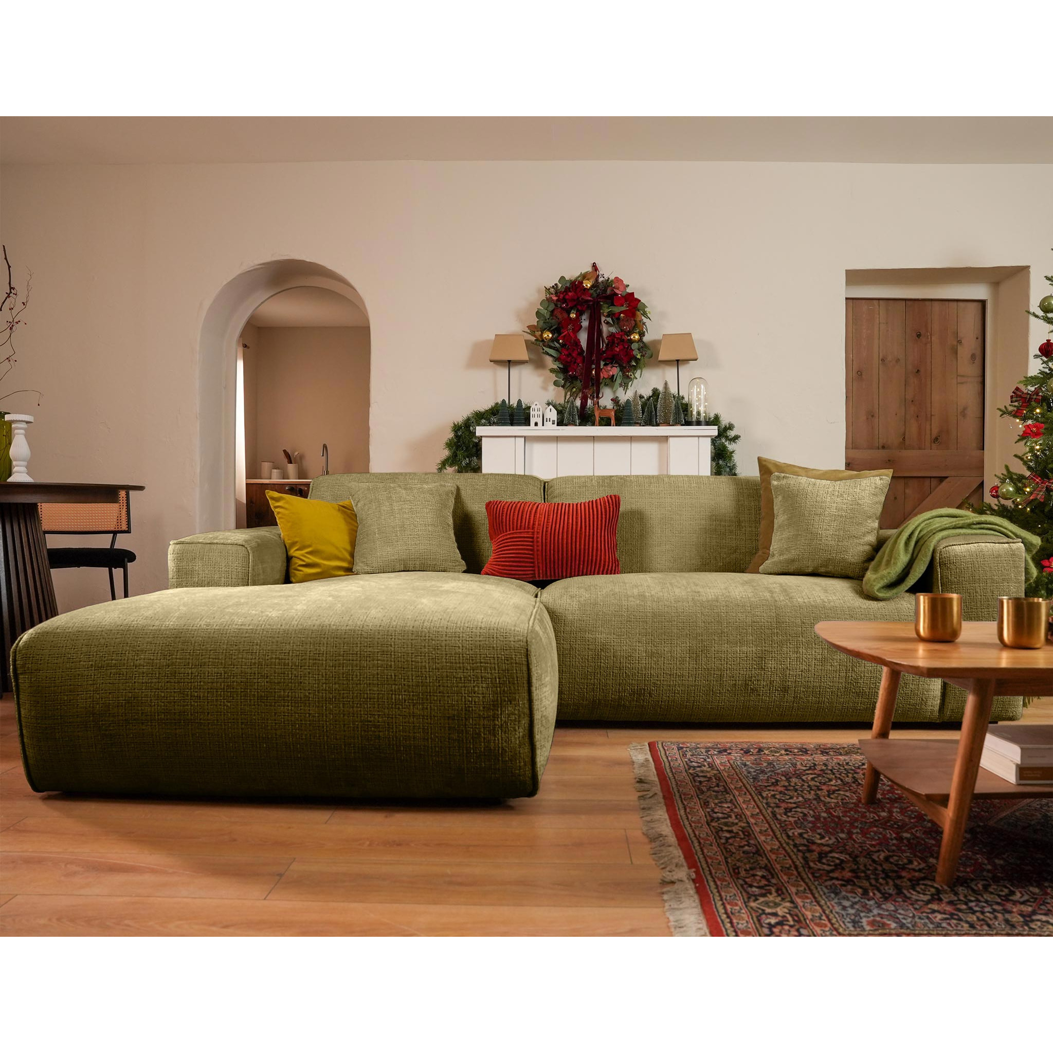 Lison - Canapé d'angle gauche 4 places en velours texturé - Vert Kaki