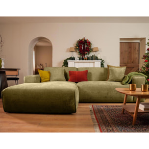 Lison - Canapé d'angle gauche 4 places en velours texturé - Vert Kaki