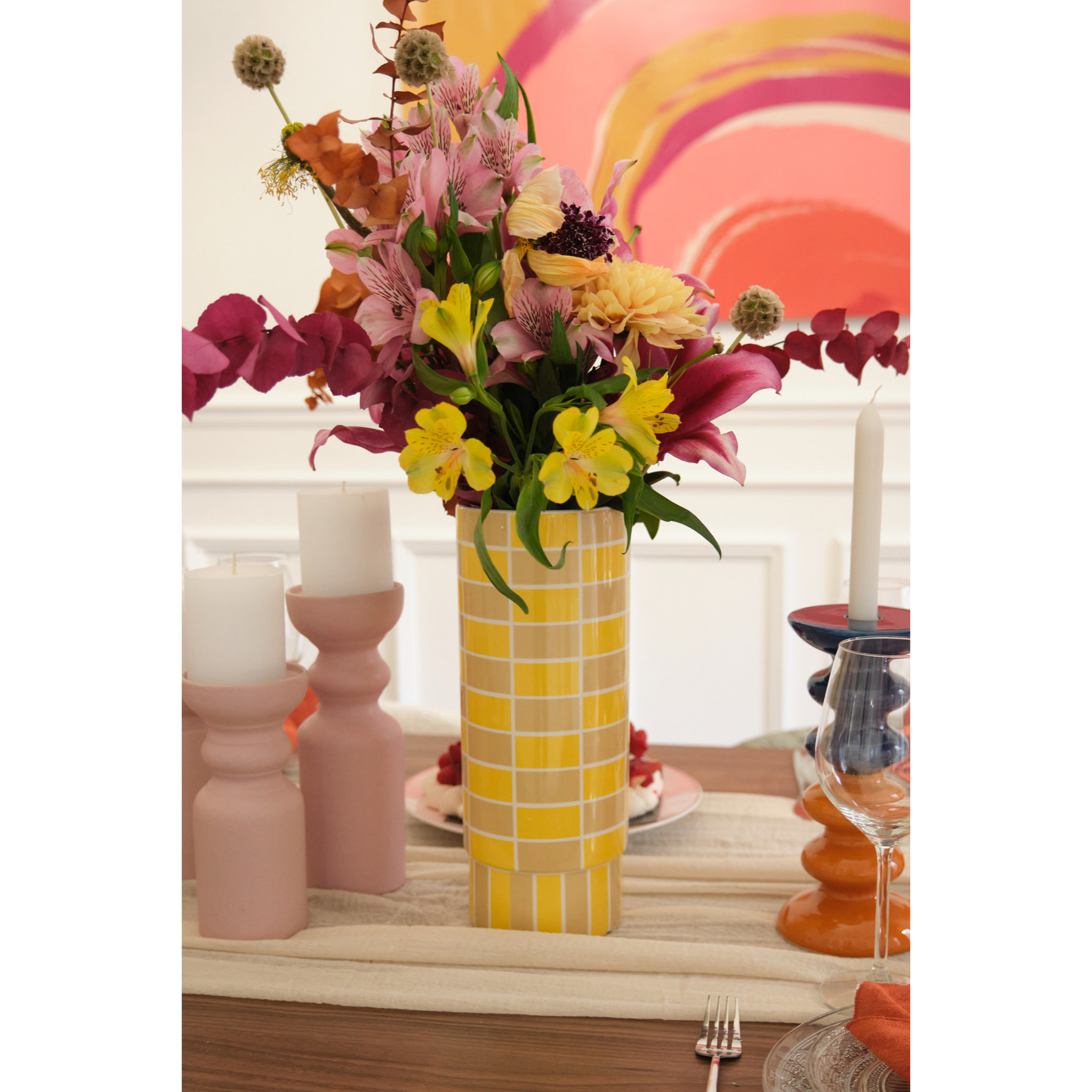 Vase céramique tube à damier