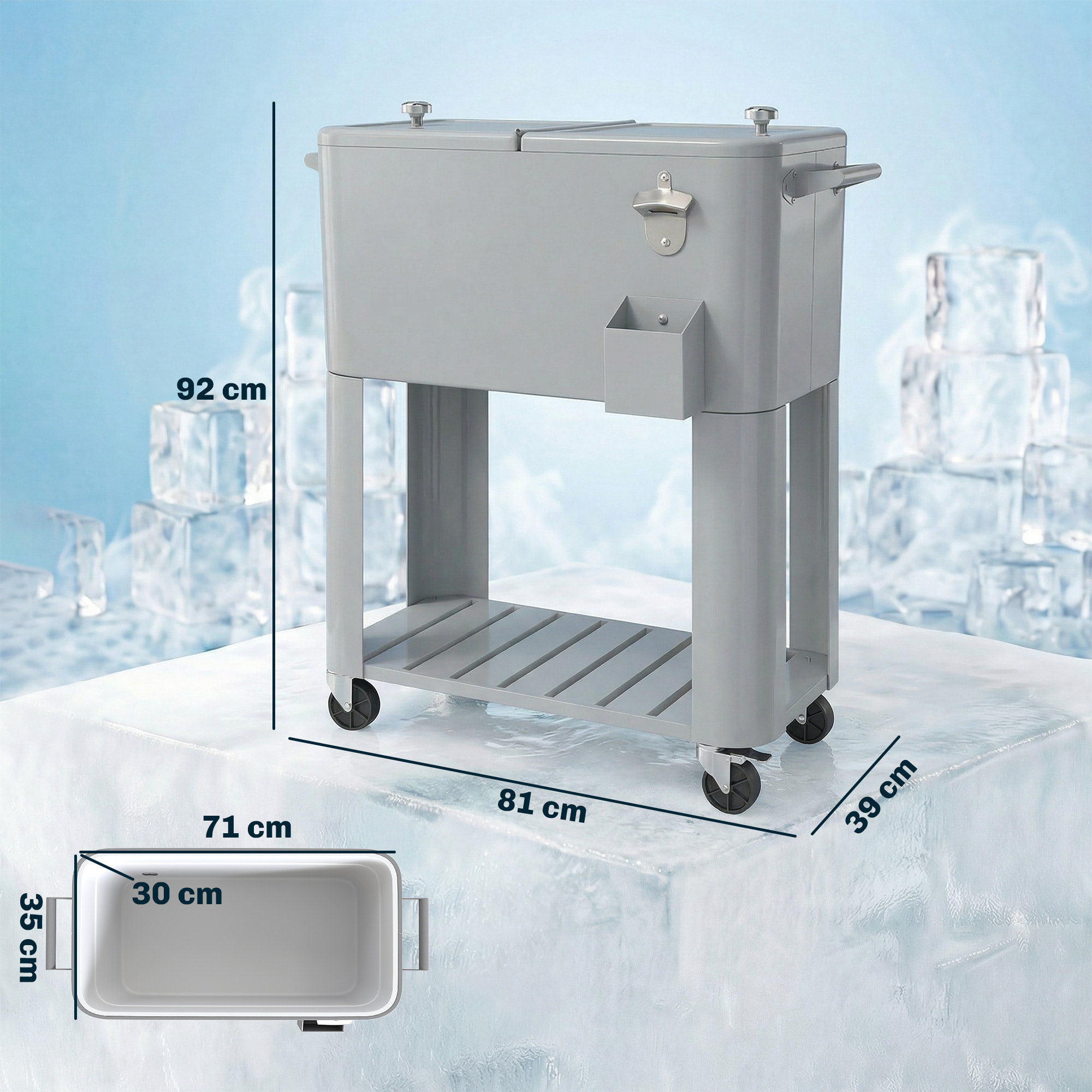 Carrito Nevera de 76L con Ruedas, Carro de Bebidas con Estante, Abrebotellas, Recogetapas, Drenaje y 2 Asas, Mesa Nevera Jardín Exterior para Patio, Fiesta, BBQ, 92x39x81 cm, Plateado