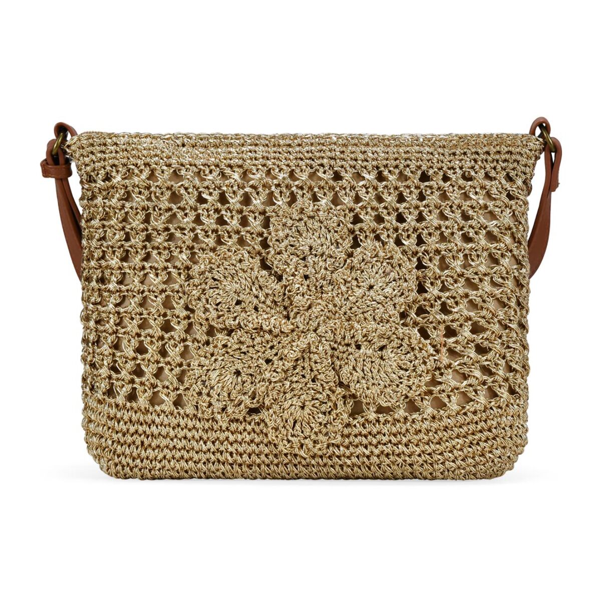 Bolso bandolera dorado en rafia con flor