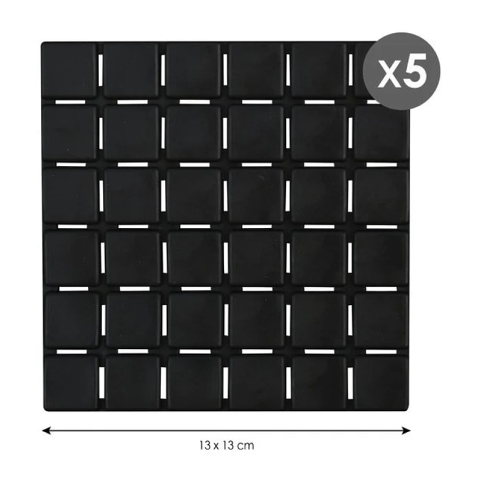 Lot de 5 Tapis antidérapants de douche ou baignoire Caoutchouc QUADRO 13x13cm Noir MSV