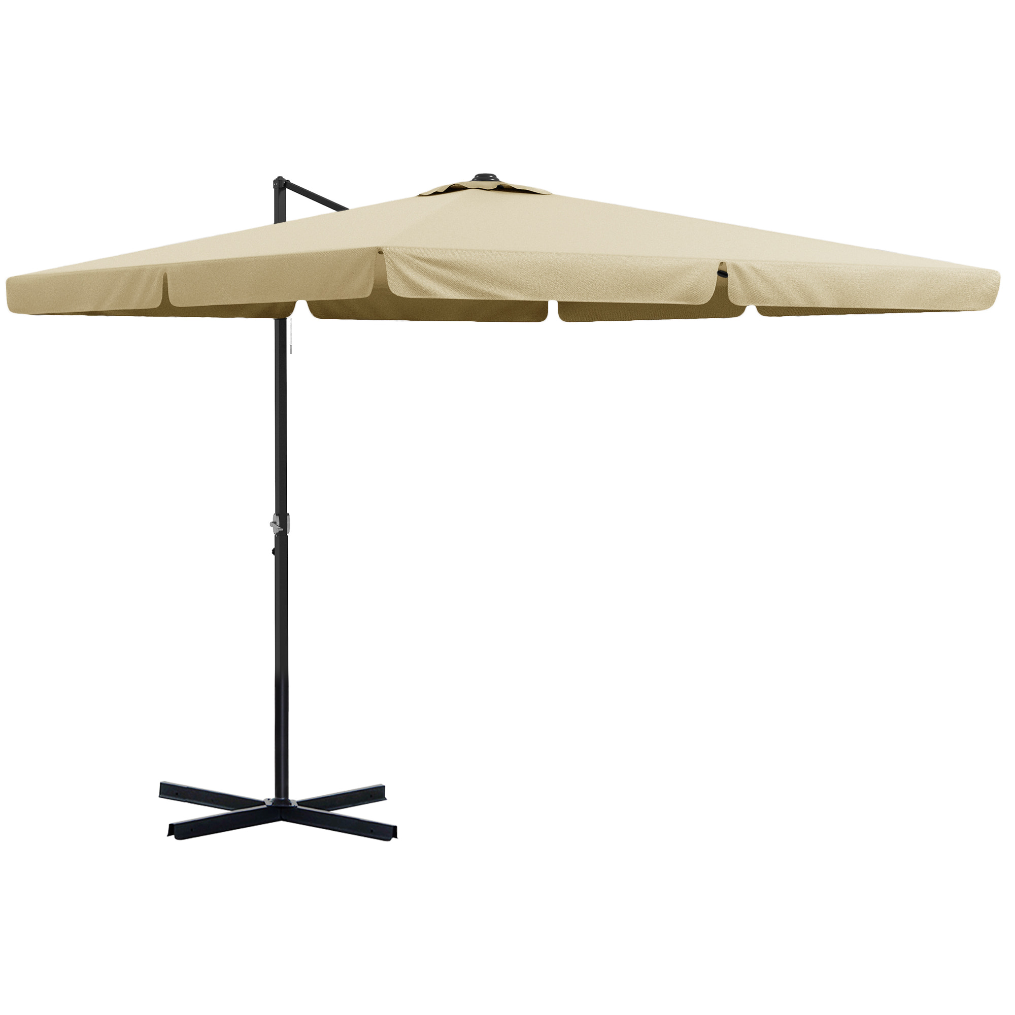 Parasol déporté carré inclinable manivelle avec piètement croix alu beige