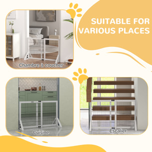 Barrière de sécurité pour chien, barrière de protection à 2 panneaux largeur réglable 63-106L x 44l x 67H cm, barrière pour escalier, porte, couloirs, en bois de pin et acier, blanc