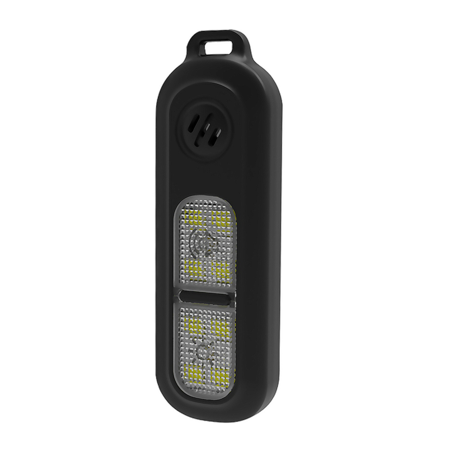 Alarma SOS personal con luz LED brillante blanca, roja y azul, sonido de 130dB. Batería recargable y activación rápida por pulsación.