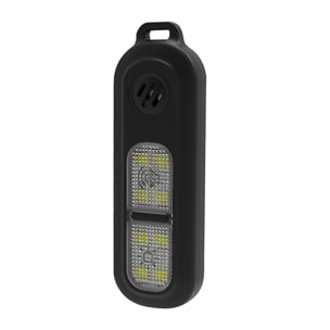 Alarma SOS personal con luz LED brillante blanca, roja y azul, sonido de 130dB. Batería recargable y activación rápida por pulsación.