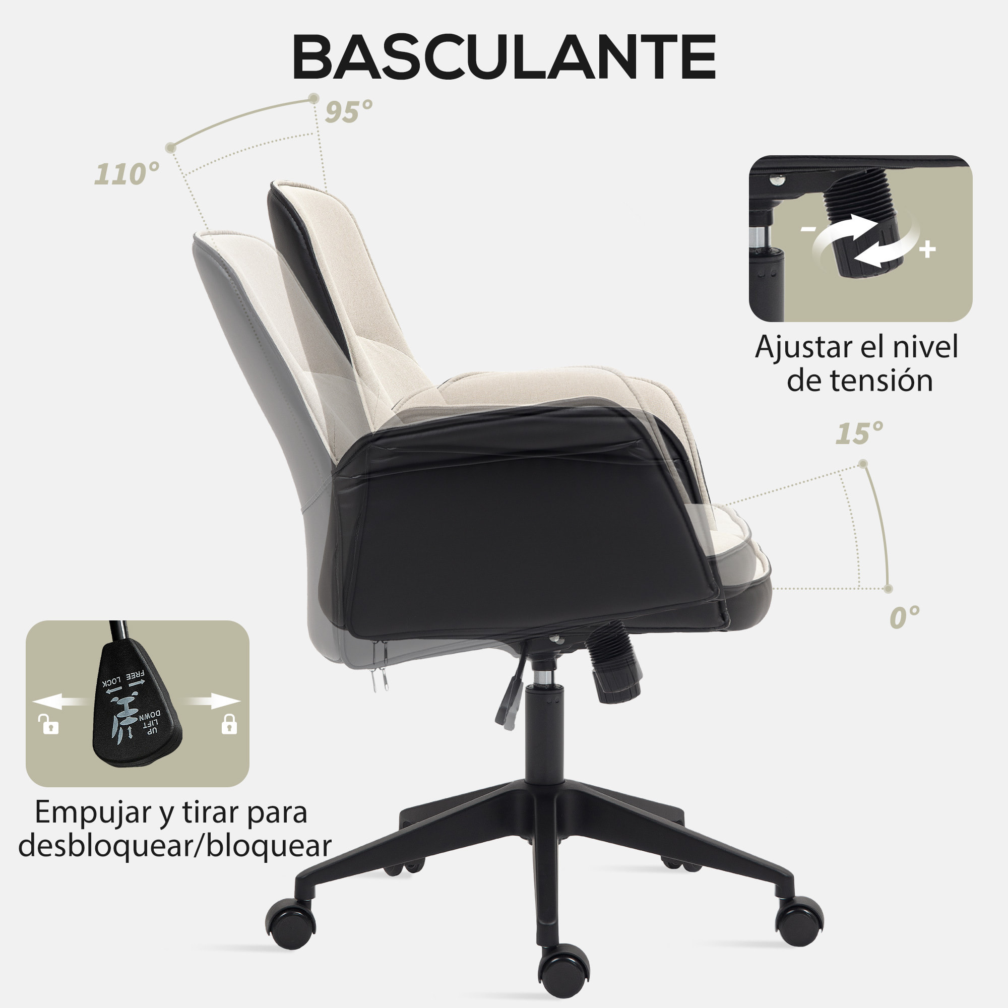 Silla de Oficina Giratoria Silla de Escritorio Altura Ajustable con Función de Basculante y Reposabrazos Silla de Estudio Carga 120 kg Beige y Negro