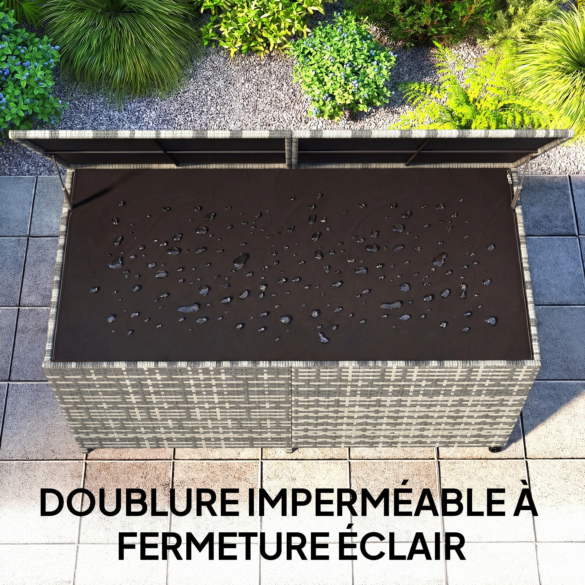 Coffre de jardin résine tressée 650L doublure zippée vérins pneumatiques gris