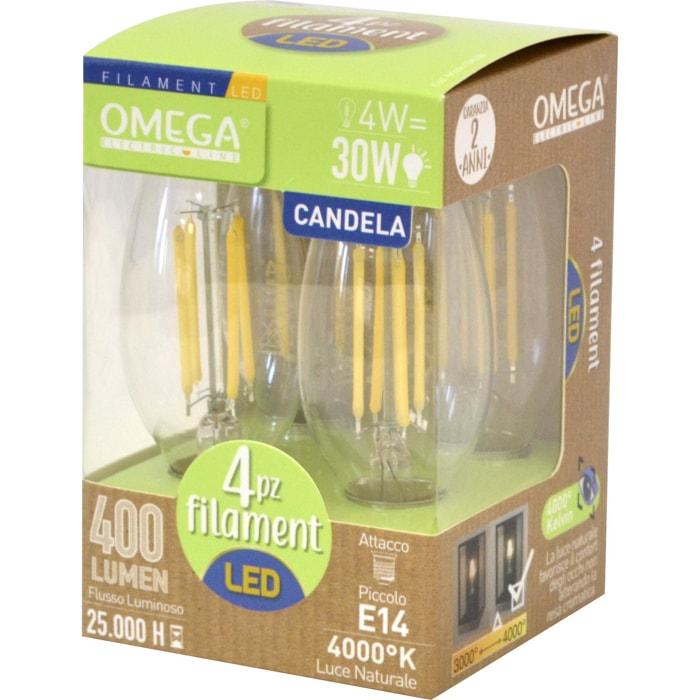 OMEGA Set 4 Pezzi Candela Filament LED C35 4W