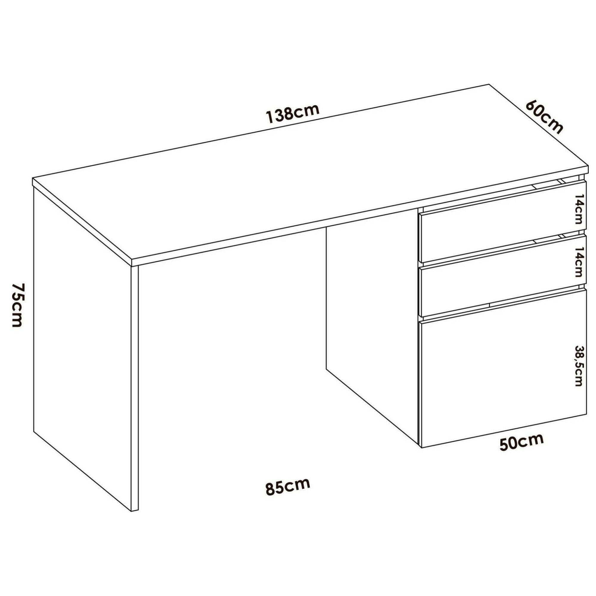 Scrivania Ardina, Scrittoio multiuso da ufficio o cameretta, Tavolo da studio lineare con 2 cassetti e 1 anta, 139x60h75 cm, Bianco lucido