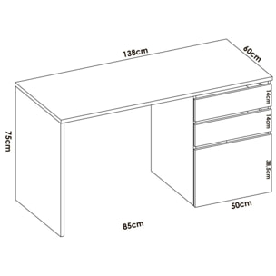 Scrivania Ardina, Scrittoio multiuso da ufficio o cameretta, Tavolo da studio lineare con 2 cassetti e 1 anta, 139x60h75 cm, Bianco lucido