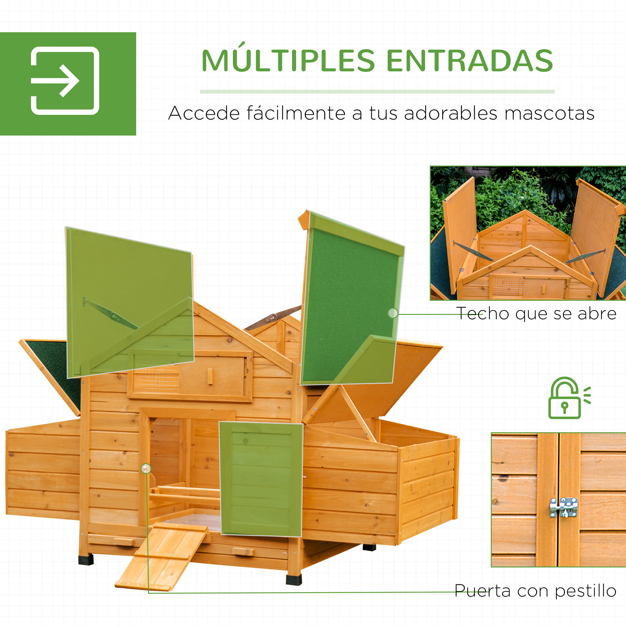 Conjunto de 1 Gallinero de Madera con 2 Nidos Bandeja Extraíble 150x100x96,5 cm y 1 Gallinero para Exterior Grande de Acero Galvanizado 3x8x2 m