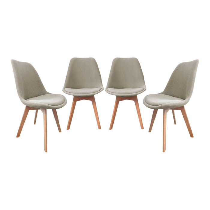 Lot de 4 chaises scandinaves revêtement velours côtelé gris clair. pieds bois de hêtre - Nils