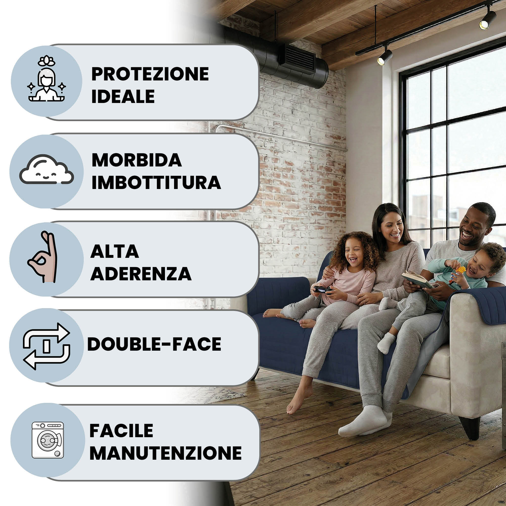 COPRIDIVANO TRENDY, Waterproof, Microfibra, No Stiro, Doubleface - BLU SCURO/GRIGIO CHIARO