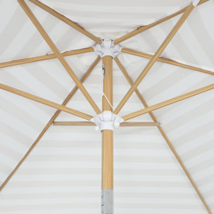 Parasol droit rond rayures beige Ø293cm mât central en aluminium imitation bois. orientable et manivelle d'ouverture