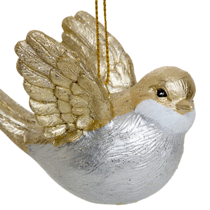 Suspension de sapin oiseau en résine or et argent 8 cm