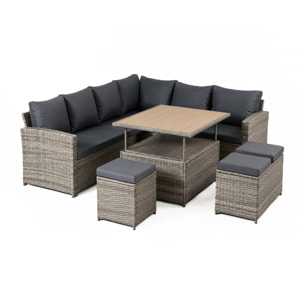 Salon de jardin modulable 9 places en résine tressée avec table relevable effet bois BELEM