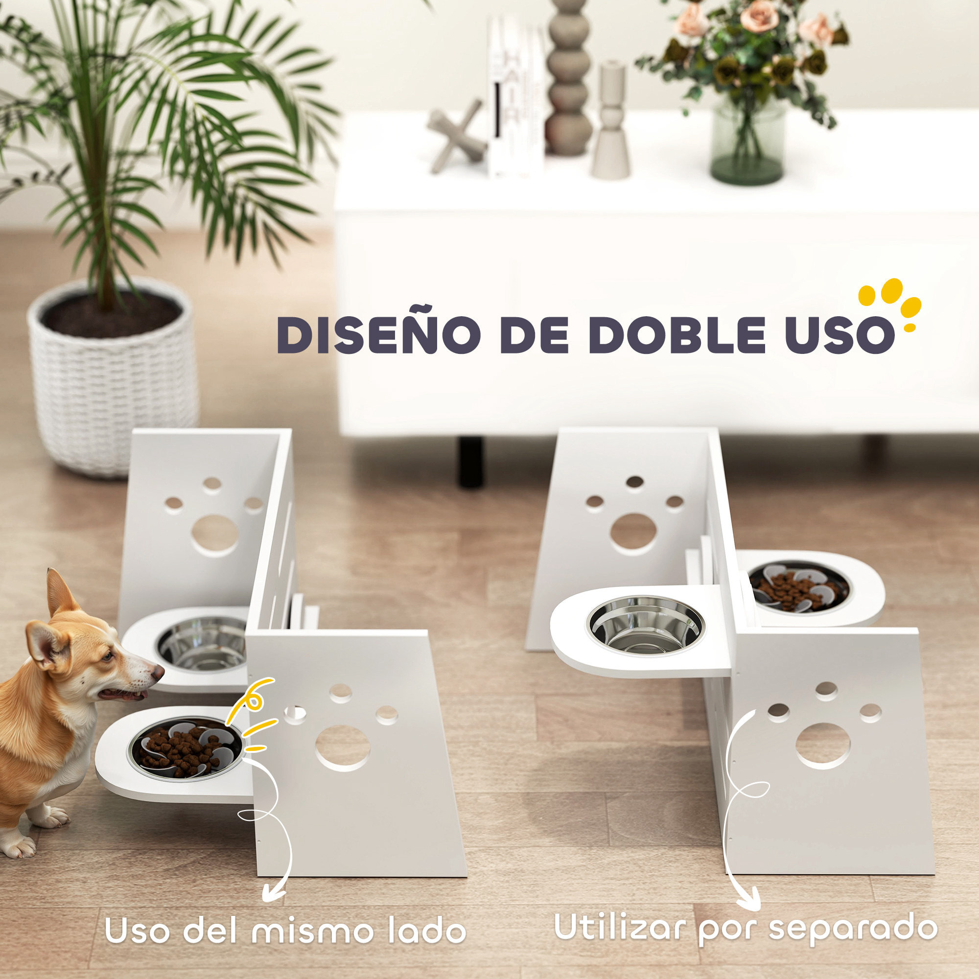 Comedero Perros Elevado de 3 Alturas Ajustables Cuencos para Perros 2x1 L y 1 Alfombrilla Antivoracidad Comedero para Perros Pequeños Medianos y Grandes Blanco