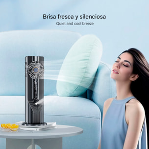 Ventilatore da tavolo BDL-908B. Con funzione di nebulizzazione, 6 velocità e timer fino a 9 ore. Serbatoio da 100 ml e luce ambiente a 7 colori.