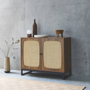 Buffet rétro décor bois foncé et cannage. buffet haut. vaisselier. 2 portes avec pieds en métal noir L100cm