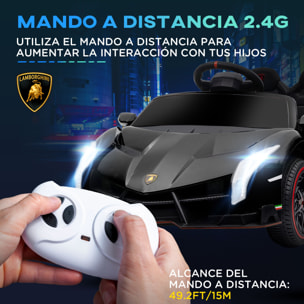 Coche Eléctrico Lamborghini para Niños de 3 a 6 Años Coche de Batería 12V Velocidad Max.7 km/h Puerta de Tijera con Control Remoto MP3 Luces y Cinturón de Seguridad 111x61x45 cm Negro