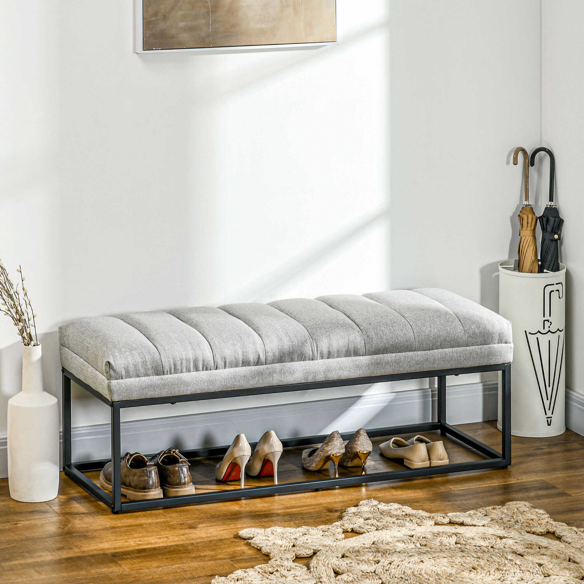 Banc bout de lit épais coussin matelassé grand confort acier noir tissu toucher lin gris clair