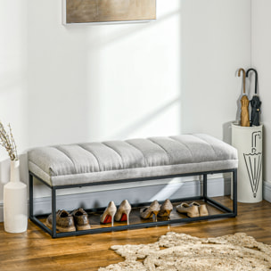 Banc bout de lit épais coussin matelassé grand confort acier noir tissu toucher lin gris clair