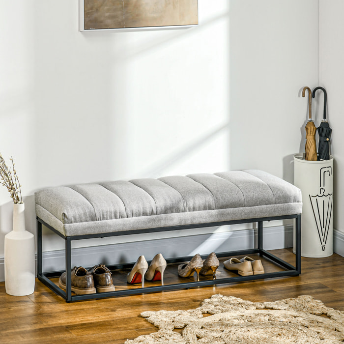 Banc bout de lit épais coussin matelassé grand confort acier noir tissu toucher lin gris clair